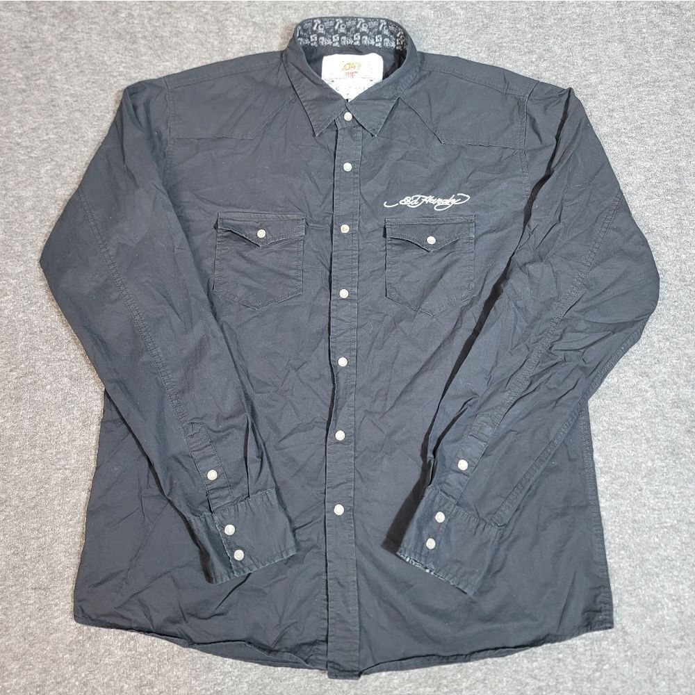 Vtg Y2K Ed Hardy by Christian Audigier Black Western Snap Shirt XL Tiger Log